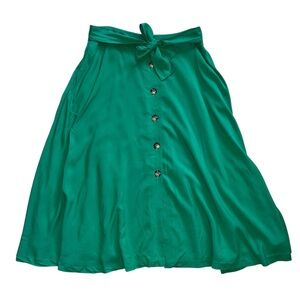 Ann Taylor Green Skirt Size 16 Button Front Pockets A Line Midi Tie Belt Lined